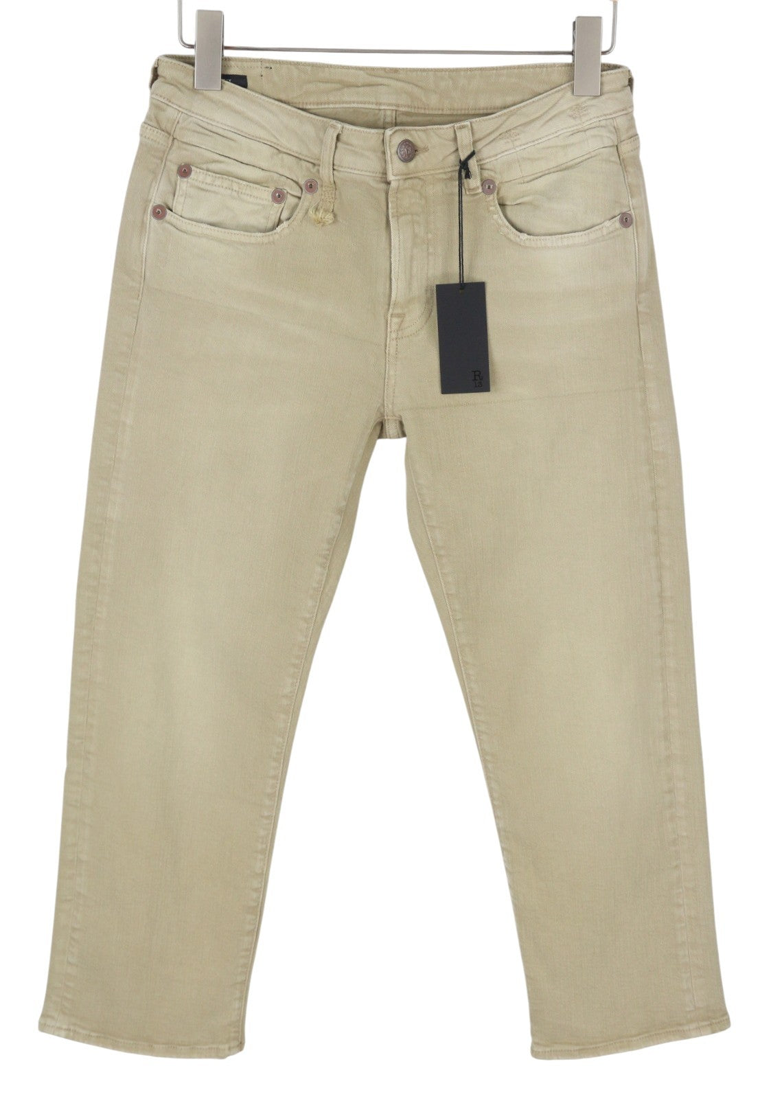 R13 Boy Straight Women Jeans 29 Khaki Stretch Faded Cropped Ankle Zip RRP699