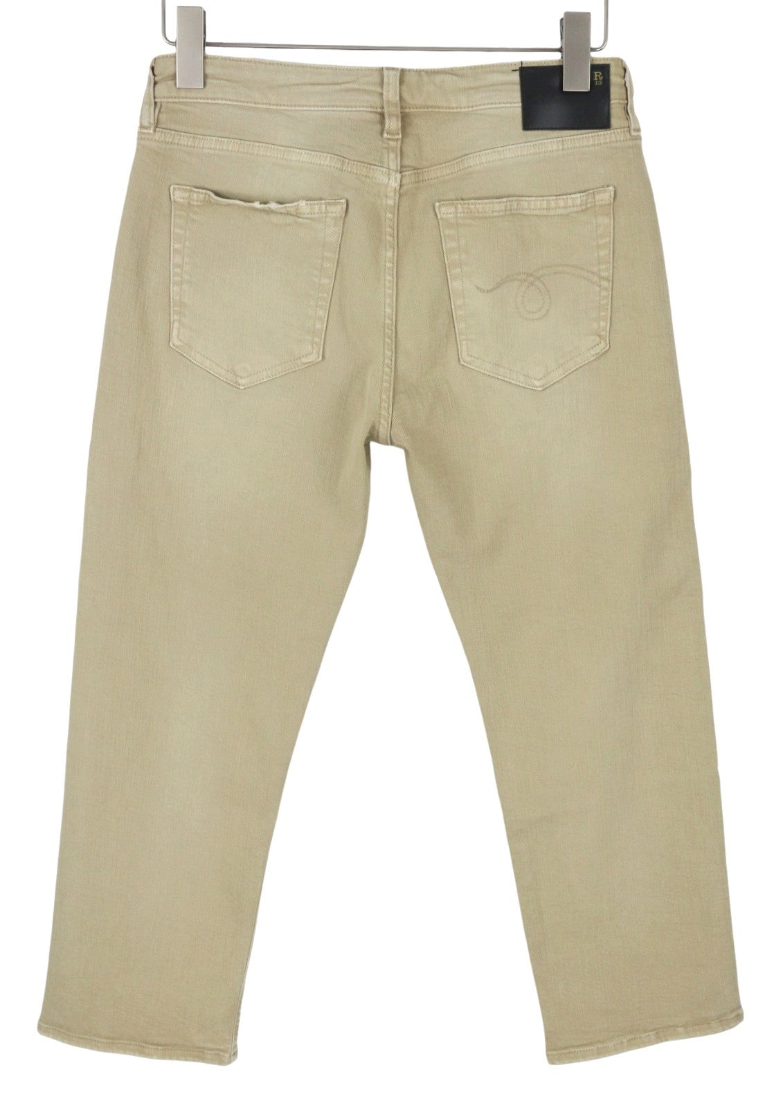 R13 Boy Straight Women Jeans 29 Khaki Stretch Faded Cropped Ankle Zip RRP699