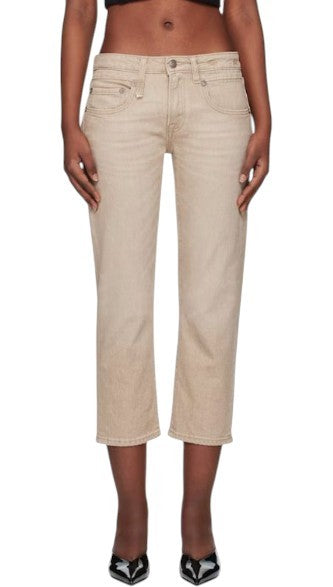 R13 Boy Straight Women Jeans 28 Khaki Stretch Faded Cropped Ankle Zip RRP699