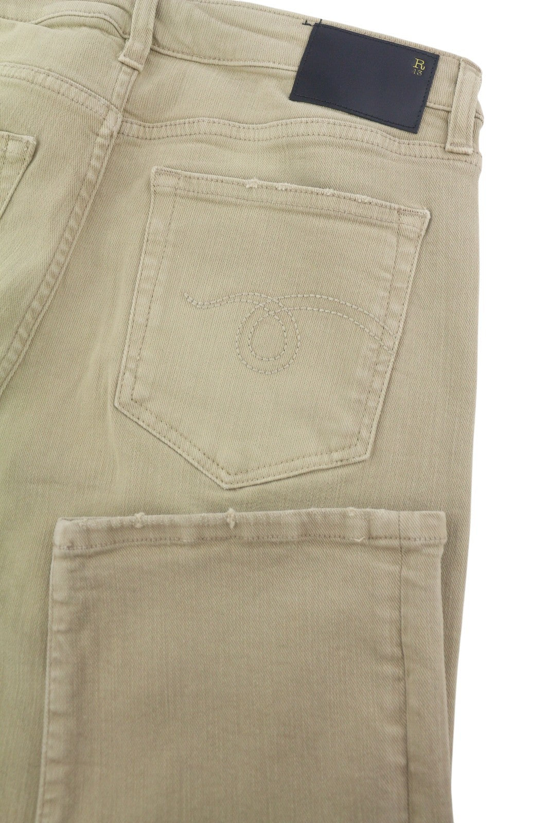 R13 Boy Straight Women Jeans 28 Khaki Stretch Faded Cropped Ankle Zip RRP699