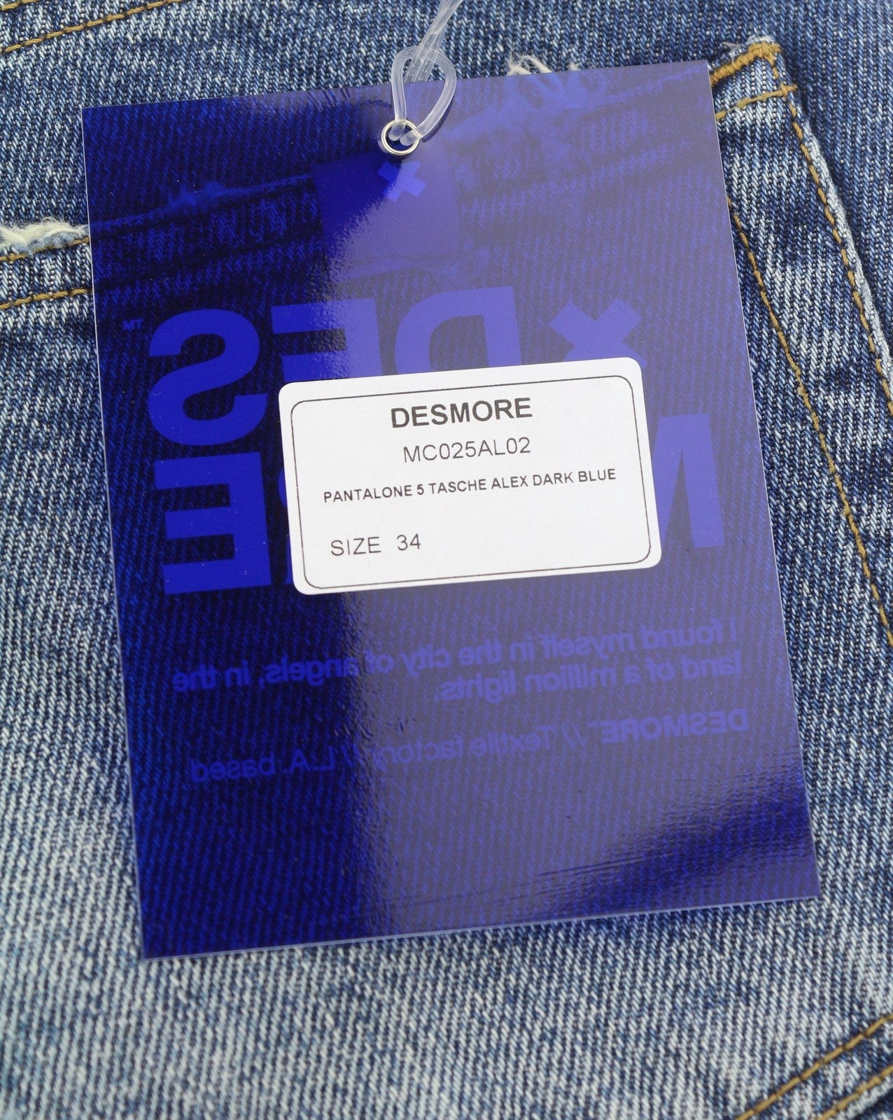 DESMORE 5 Tasche Alex Dark Blue Men Jeans W34 Whiskers Faded Slim Fit Button Fly