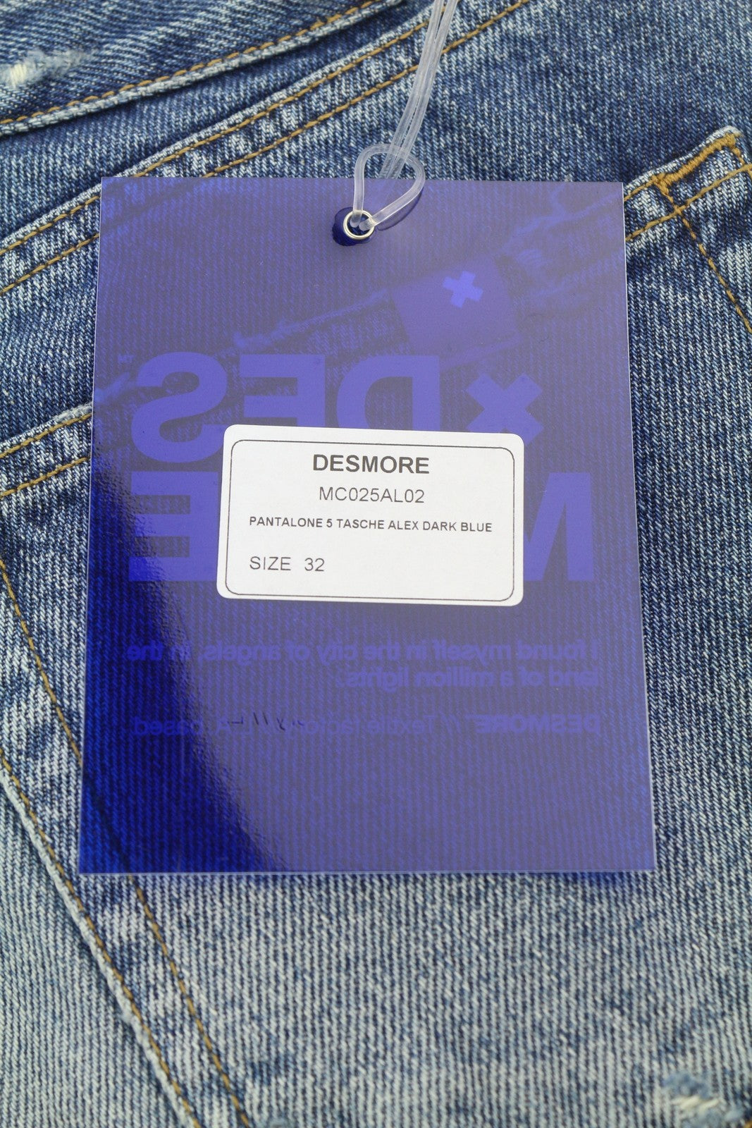 DESMORE 5 Tasche Alex Dark Blue Men Jeans W32 Whiskers Faded Slim Fit Button Fly