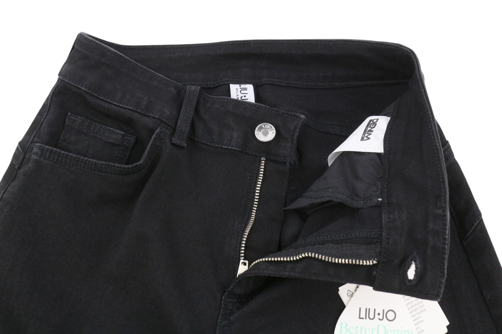 LIU JO Flare Belt Women Jeans W28 Wide Leg Black Denim High Waist Zip