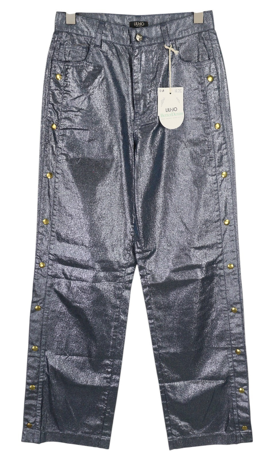 LIU JO Laminato Women Jeans W28 Glitter Blue Denim Snap Side Zip Fly