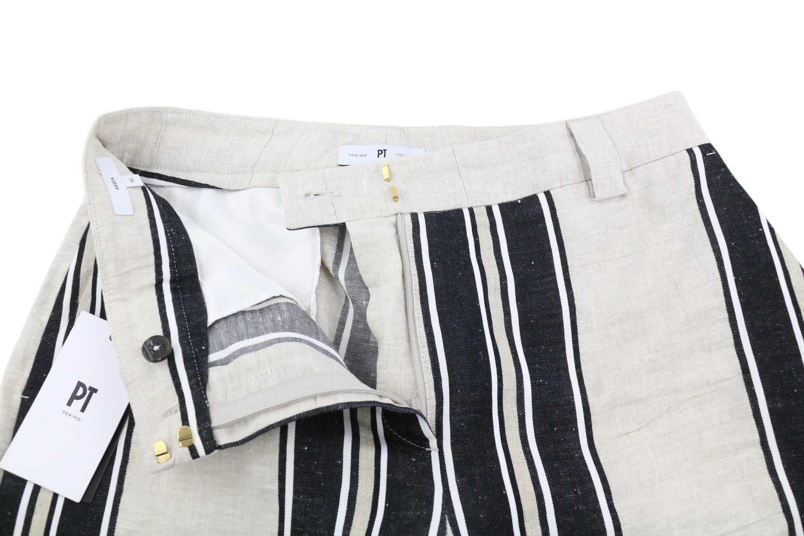 PT TORINO Ambra Women's Trousers 42 W30 Linen Blend Pinstripe Turn-Up Style