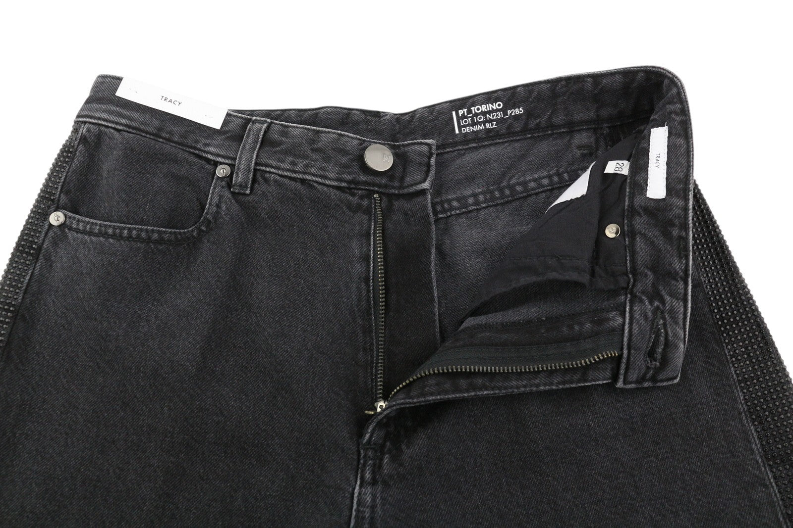 PT TORINO Tracy Women's Jeans W28 Black Straight Leg Ankle Rhinestones