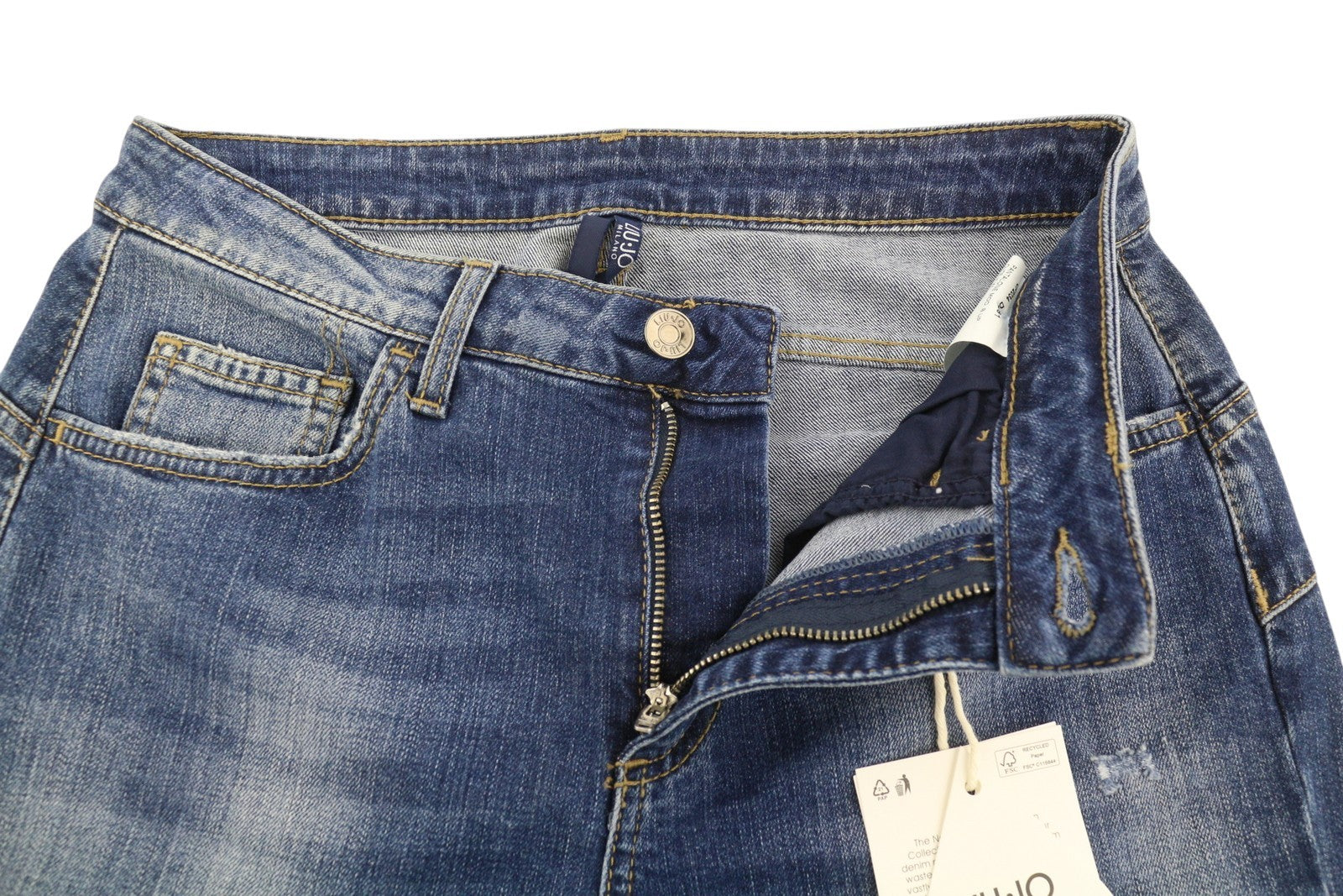 LIU JO Cute Women's Jeans W28 Blue Washed Ripped Rhinestone Ankle Fit