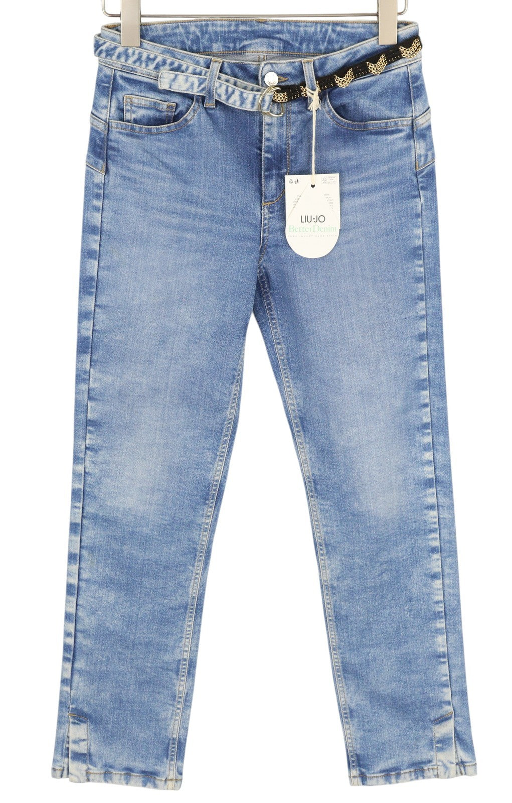 LIU JO Women's Jeans W30 L28 Blue Washed Belted Split Hem Zip Fly Slim