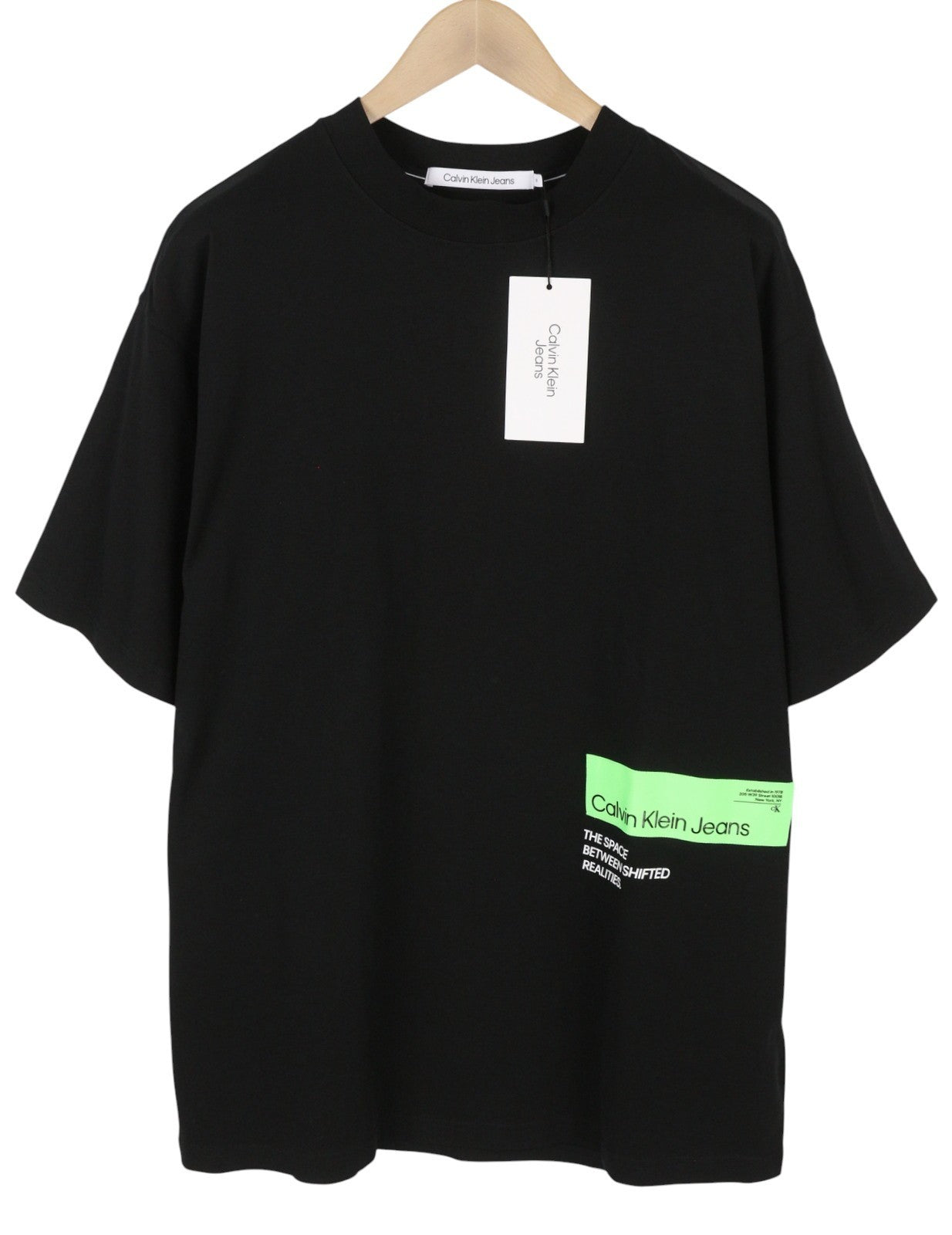 CALVIN KLEIN Men T-Shirt M Black Cotton Tricot Thick Logo Crew Neck Short Sleeve