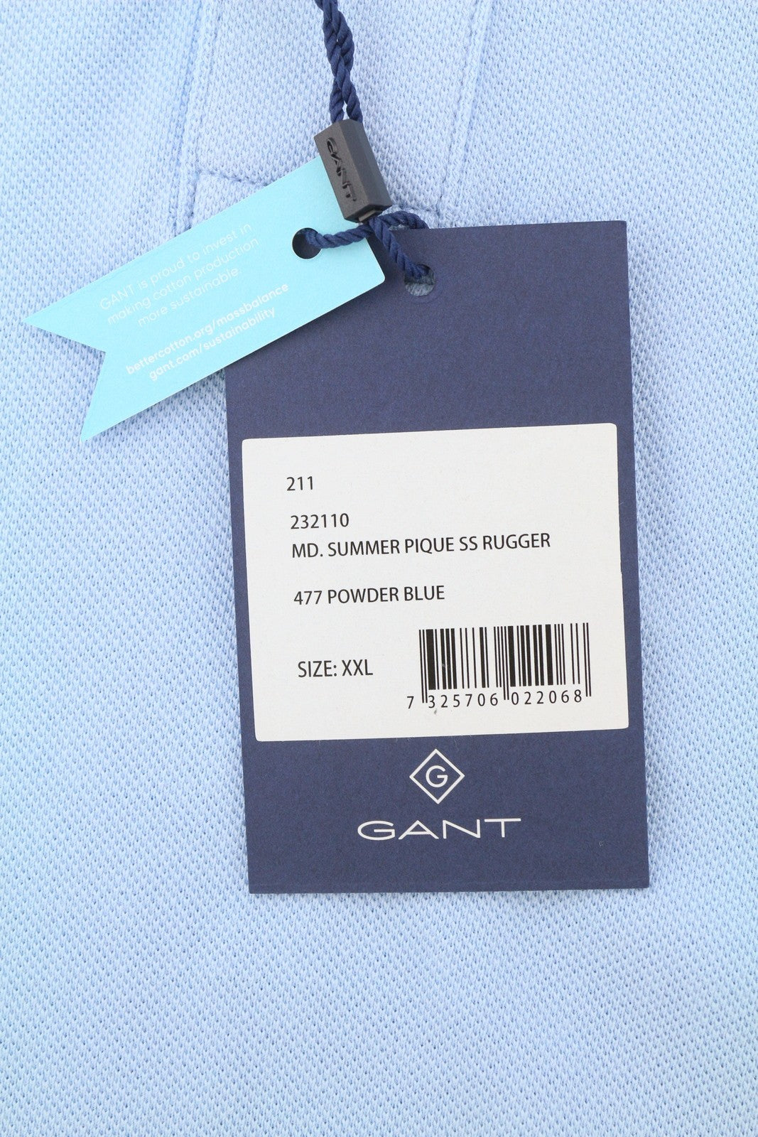 GANT Summer Pique SS Rugger Men T-Shirt 2XL Powder Blue Embroidered Logo