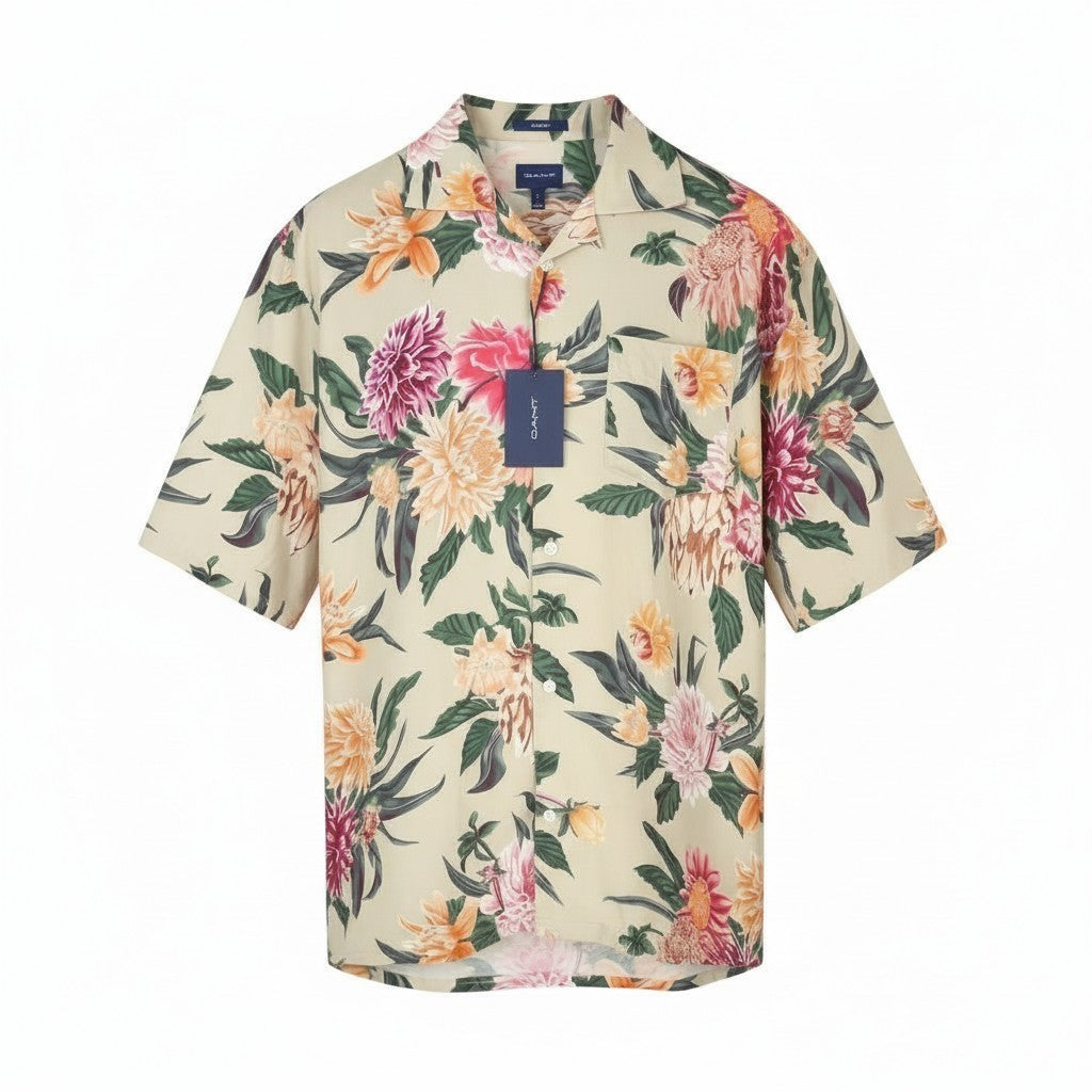 GANT Rel Dahlia Print Camp Collar Men Shirt L Plaza Taupe Relaxed Floral RRP180