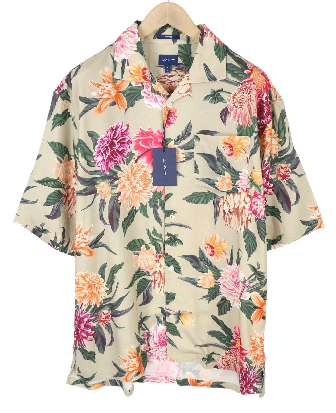 GANT Rel Dahlia Print Camp Collar Men Shirt L Plaza Taupe Relaxed Floral RRP180
