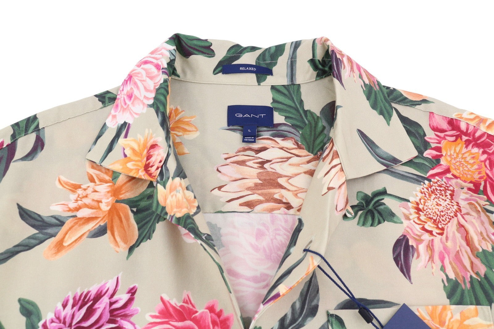 GANT Rel Dahlia Print Camp Collar Men Shirt L Plaza Taupe Relaxed Floral RRP180