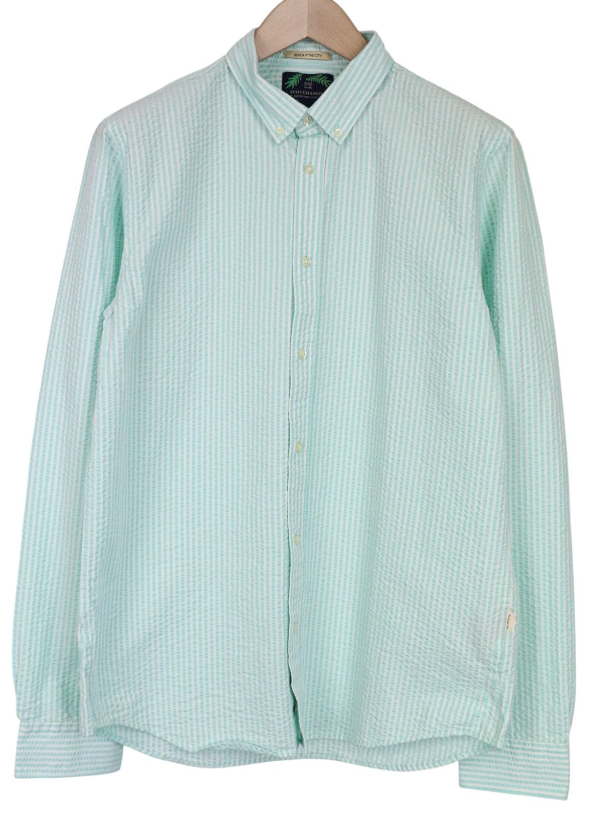 SCOTCH & SODA Ams Couture Men's Shirt L Aqua Blue Striped Long Sleeve  Cotton