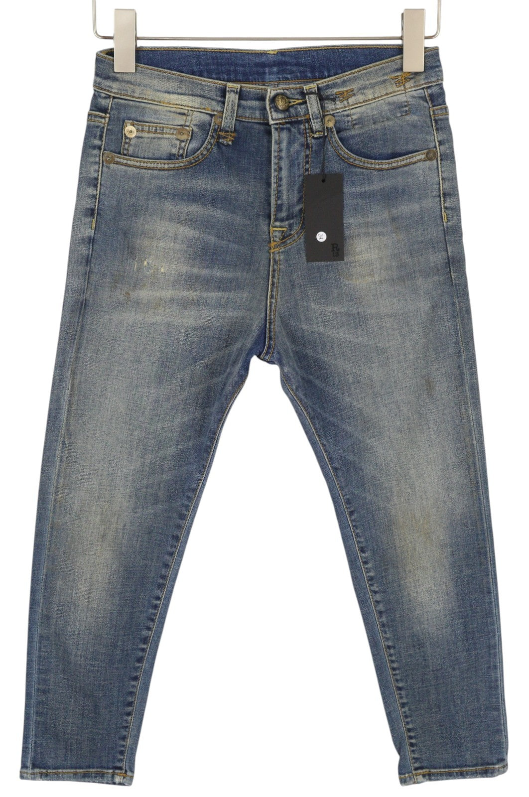 R13 Women Jeans 24 Blue Faded Painted Dirty Look Ankle Length Crop Crotch Denim