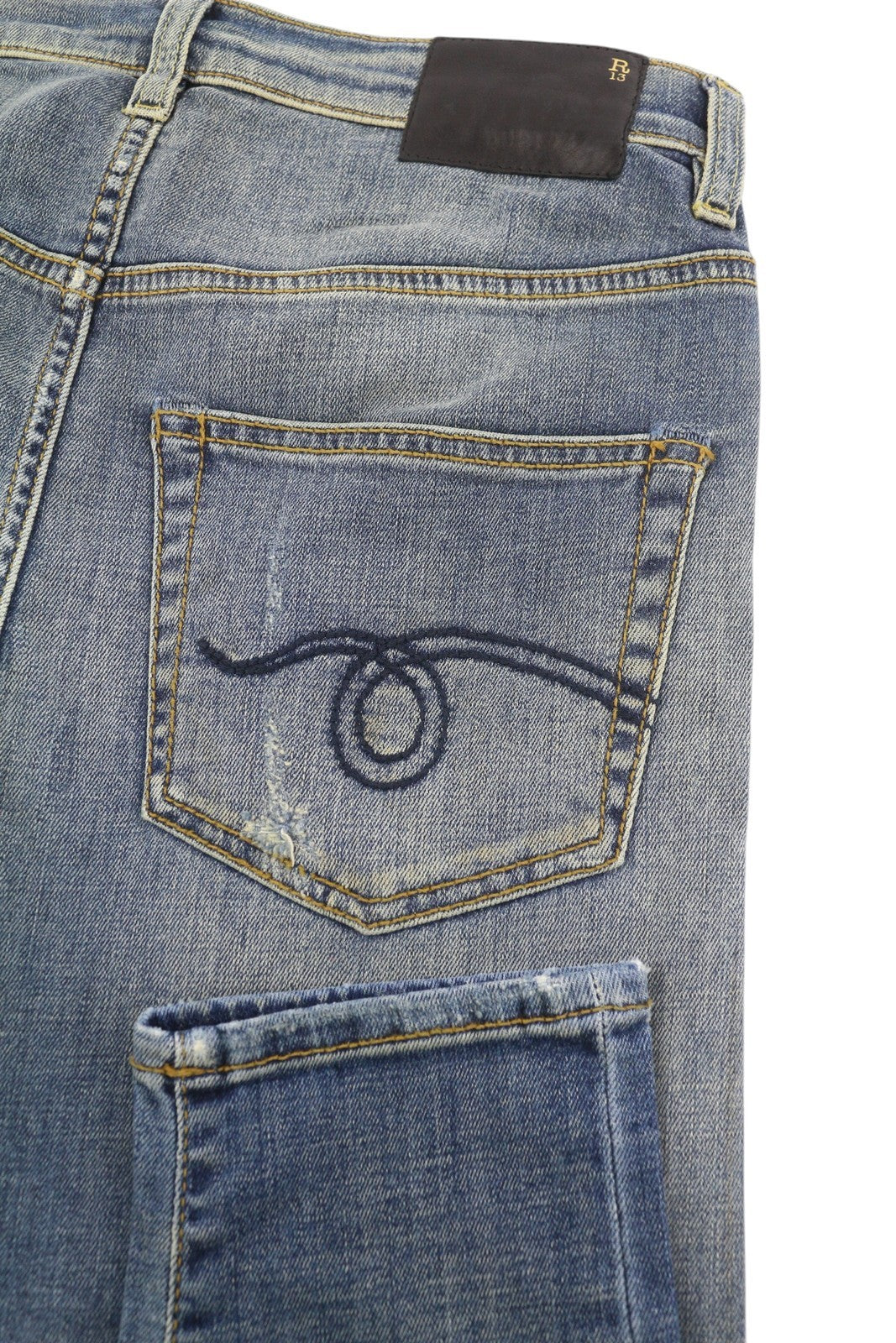 R13 Women Jeans 24 Blue Faded Painted Dirty Look Ankle Length Crop Crotch Denim