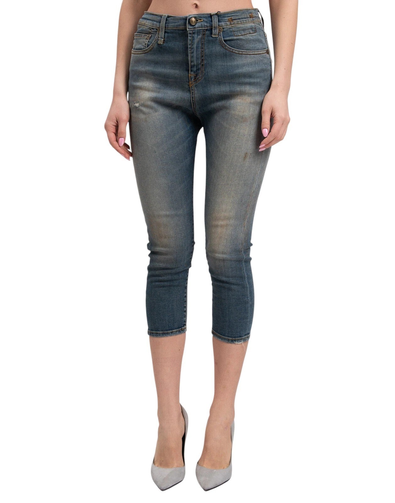 R13 The Drop Women Jeans 24 Crosby Faded Dirty Look Cropped Crop Crotch RRP440
