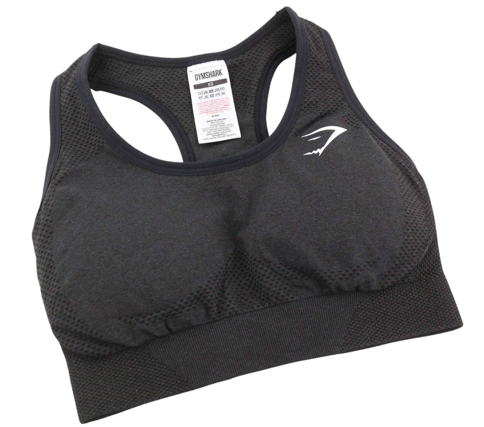 GYMSHARK B1A6T Women Sports Bra XS Dark Grey Melange Stretch Sleeveless Logo