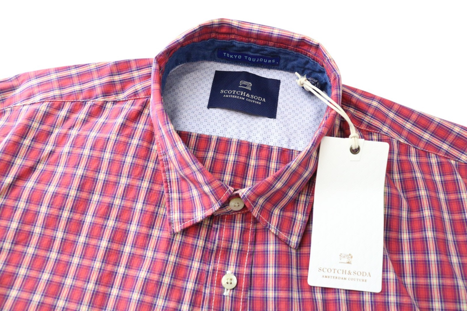 SCOTCH & SODA Ams Couture Men's Shirt L Red Pure Cotton Check Pattern Pocket