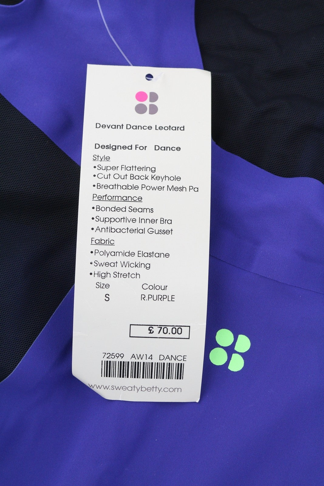 SWEATY BETTY Devant Dance Leotard Women Jumpsuit S Stretch Cut-Out Back Fit