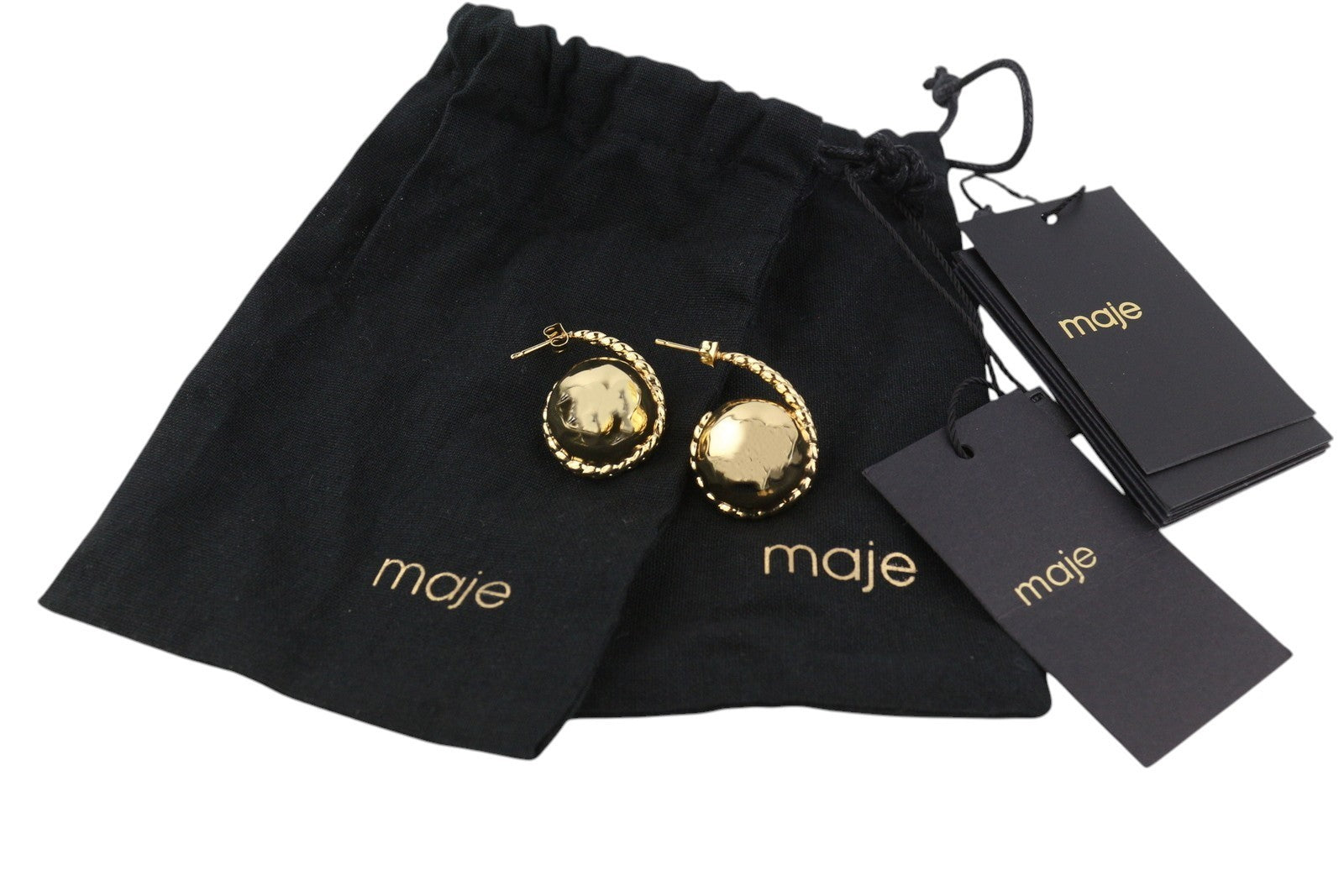 MAJE Women Earrings OS Silver Gold Tone Shiny Classic Logo With Dust Bag