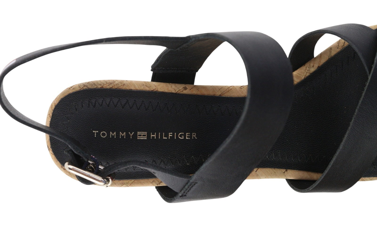 TOMMY HILFIGER Corporate Women Sandals EU40 Black Leather Wedge Strappy Style