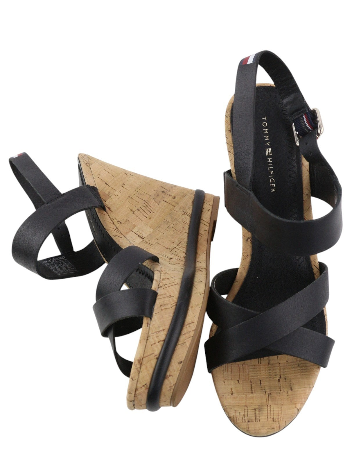 TOMMY HILFIGER Corporate Women Sandals EU40 Black Leather Wedge Strappy Style