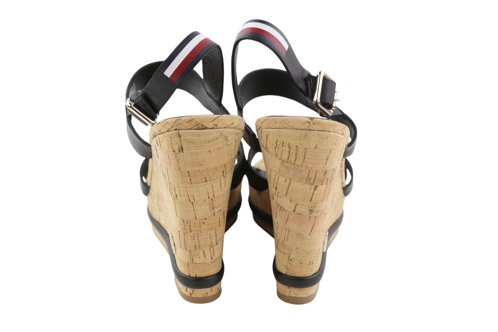 TOMMY HILFIGER Corporate Women Sandals EU40 Black Leather Wedge Strappy Style