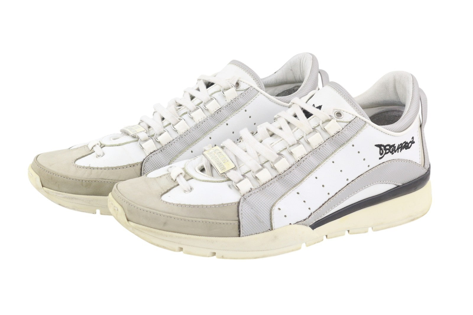 DSQUARED2 Men Sneakers EU44 White Leather Grey Trainers Low Almond Toe Laced