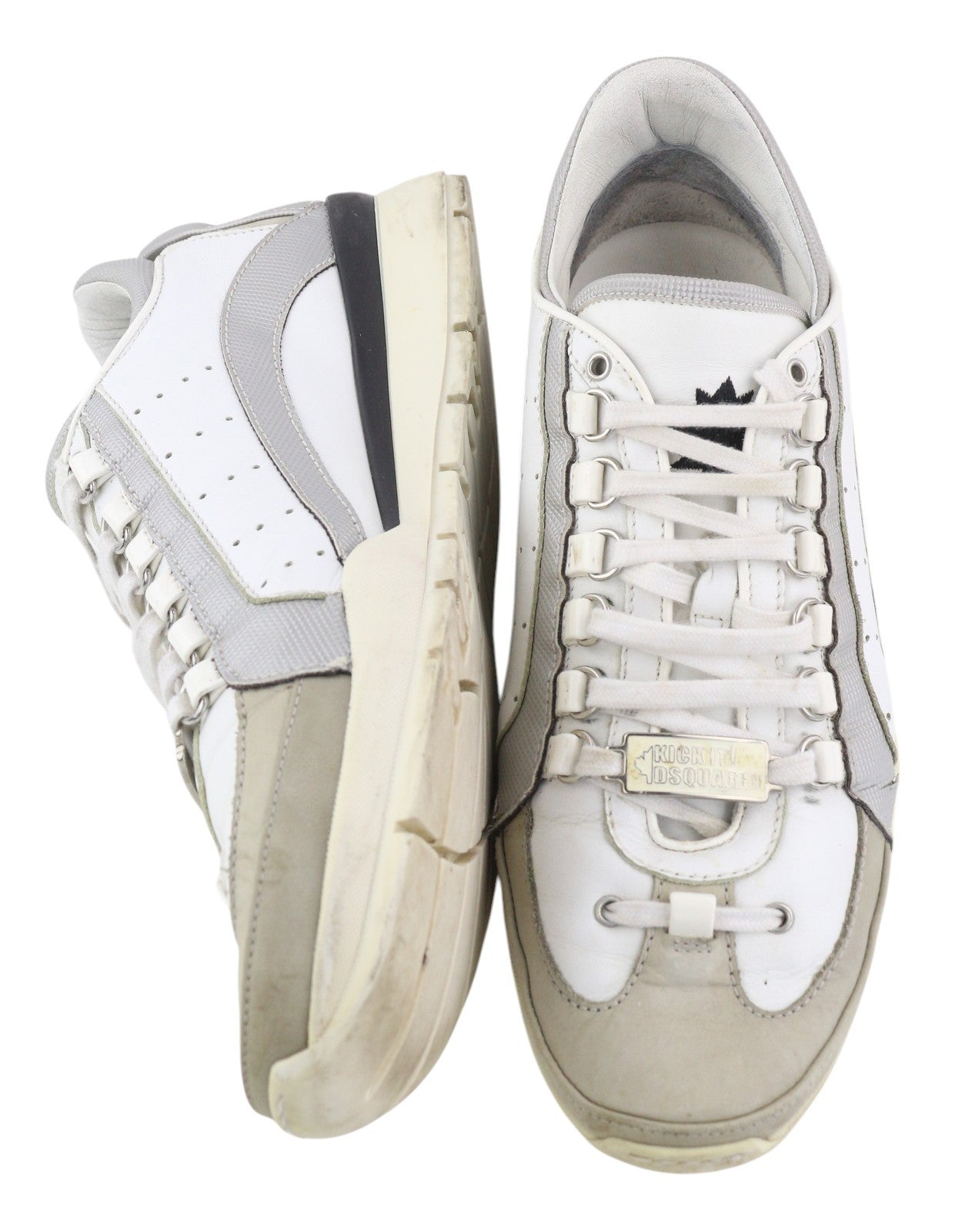 DSQUARED2 Men Sneakers EU44 White Leather Grey Trainers Low Almond Toe Laced