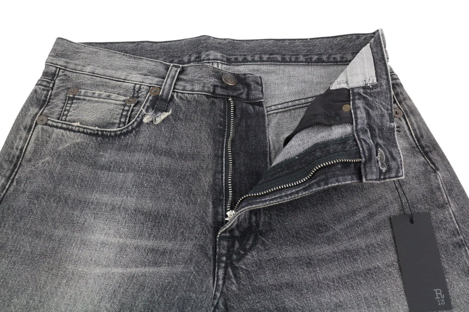 R13 Boyfriend Women Jeans 26 Leyton Black Faded Straight Cropped PF25 RRP699