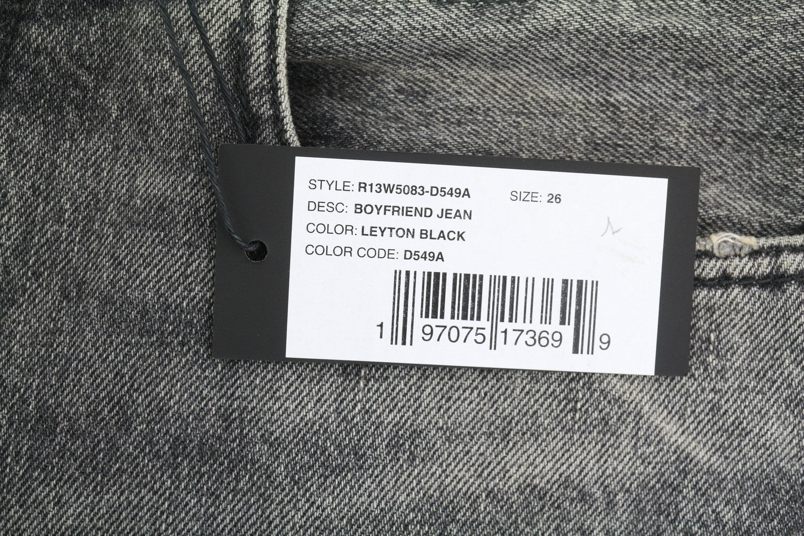 R13 Boyfriend Women Jeans 26 Leyton Black Faded Straight Cropped PF25 RRP699