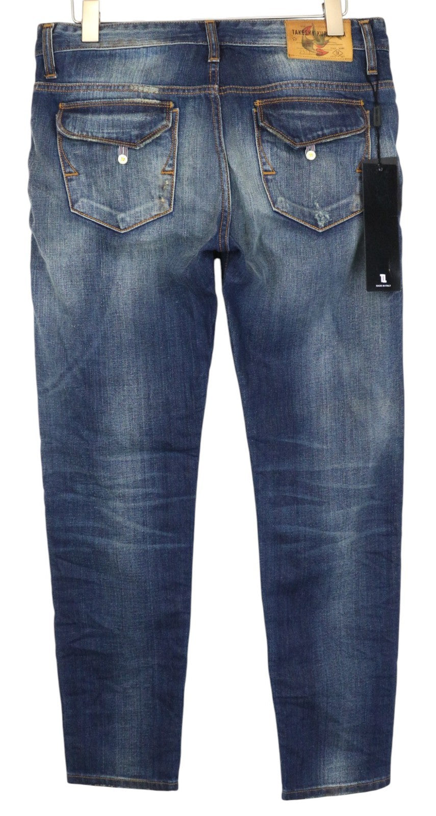 TAKESHY KUROSAWA Men's Jeans W34 Slim Blue Cotton Ripped Washed Aged Style