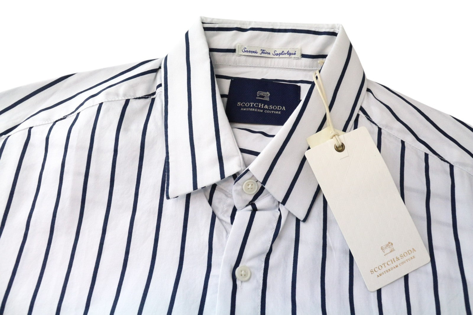 SCOTCH & SODA Ams Couture Men's Shirt M White Striped Long Fit Pure Cotton