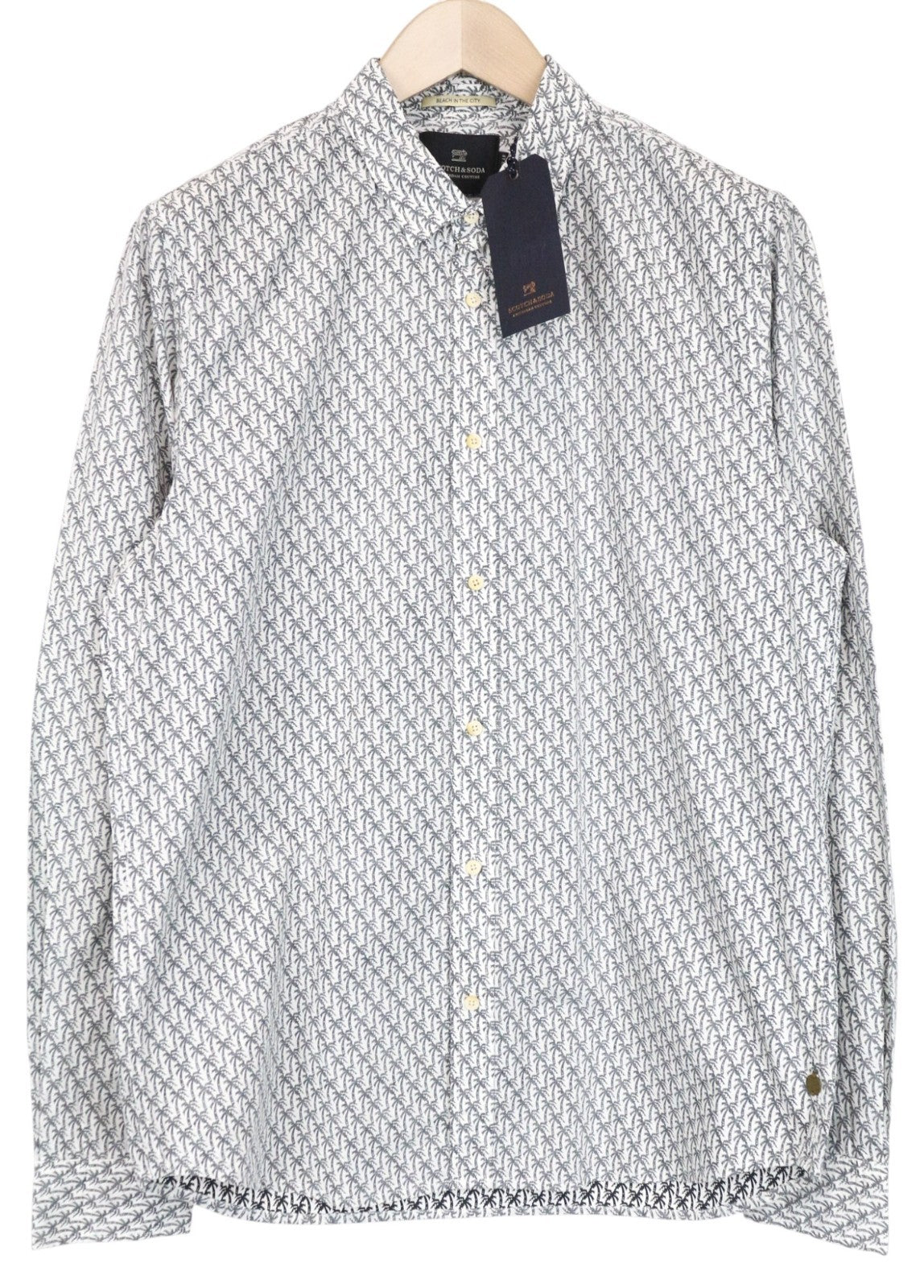 SCOTCH & SODA Ams Couture Men's Shirt L Grey Cotton Palm Print Long Sleeve