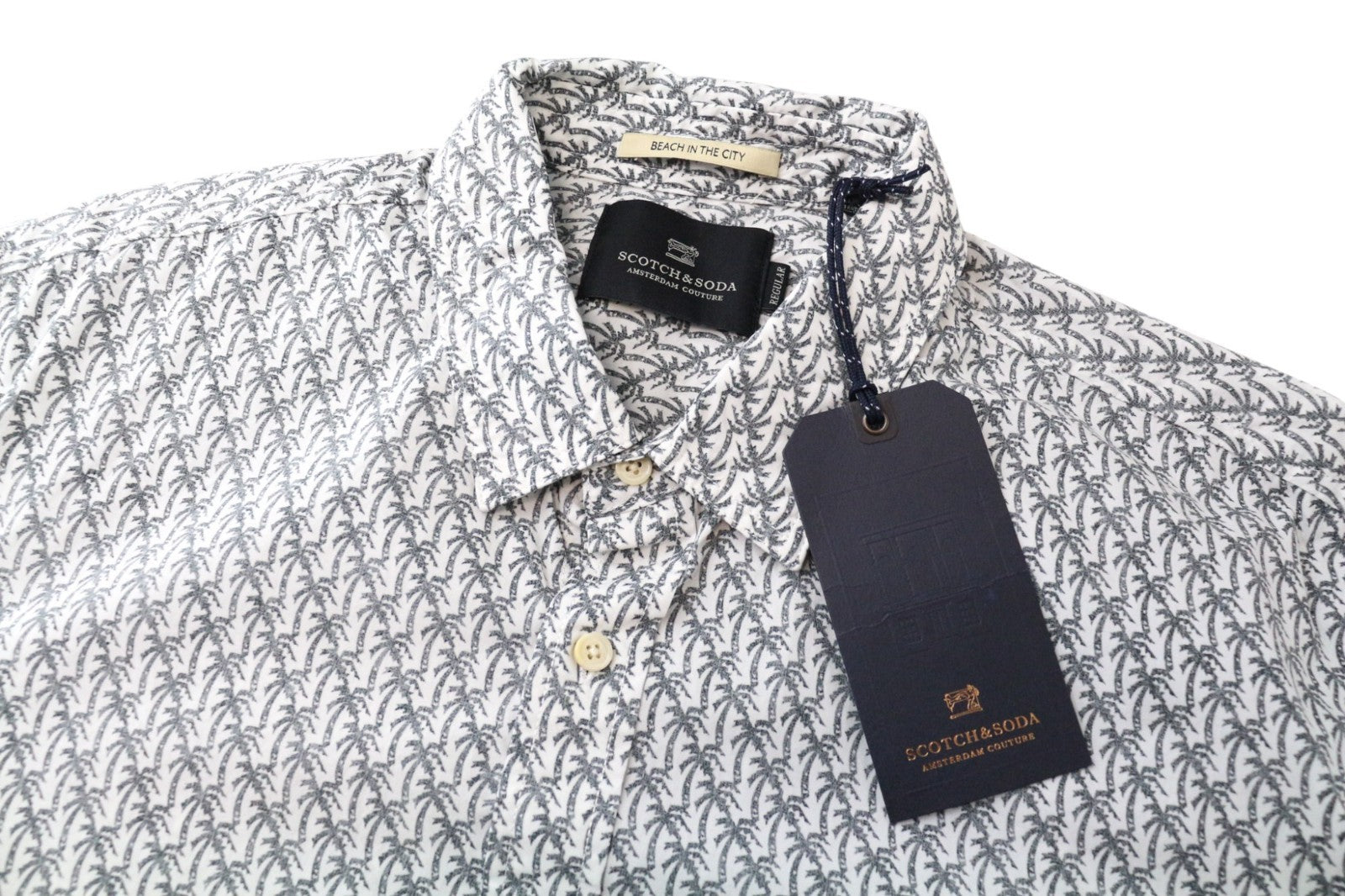 SCOTCH & SODA Ams Couture Men's Shirt L Grey Cotton Palm Print Long Sleeve