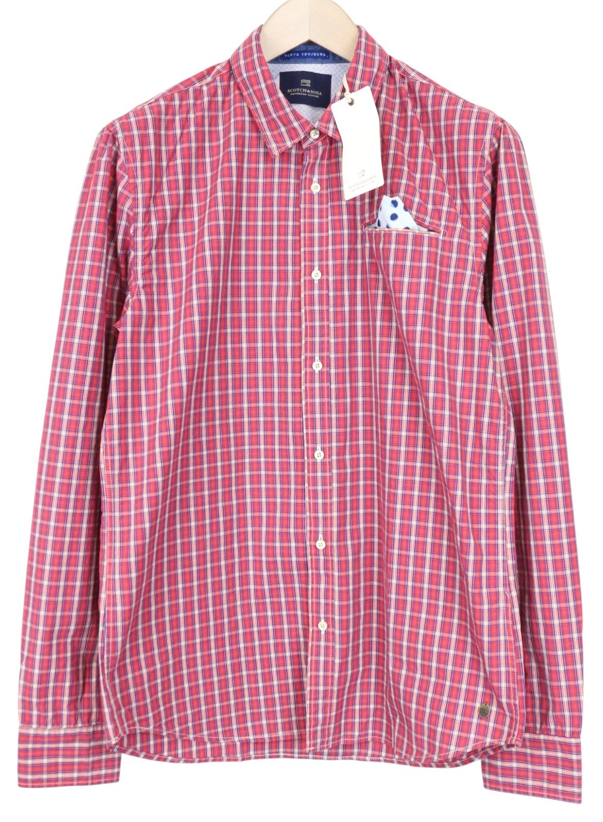 SCOTCH & SODA Ams Couture Men's Shirt L Red Checked Pure Cotton Pocket Detail