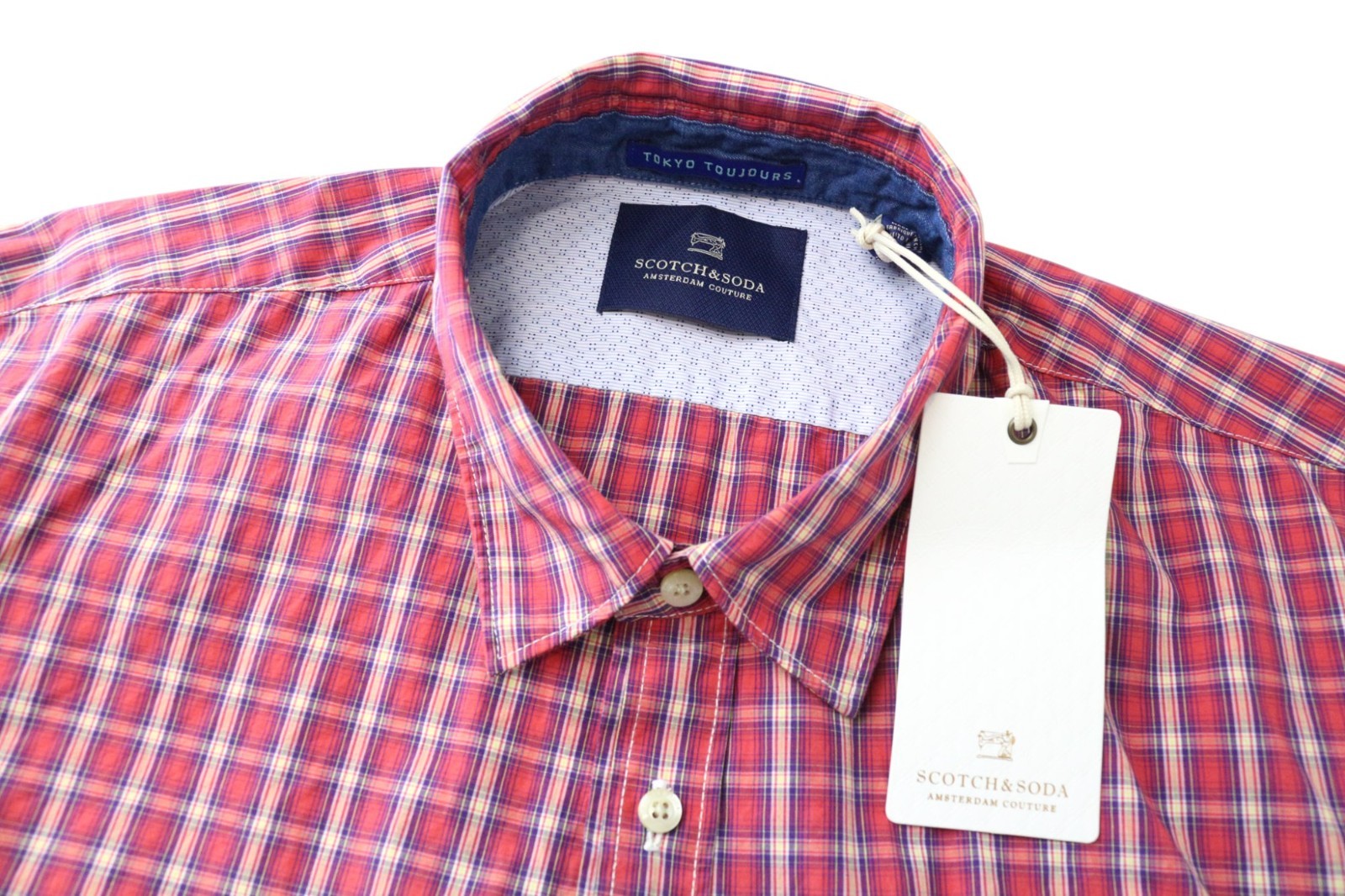 SCOTCH & SODA Ams Couture Men's Shirt L Red Checked Pure Cotton Pocket Detail