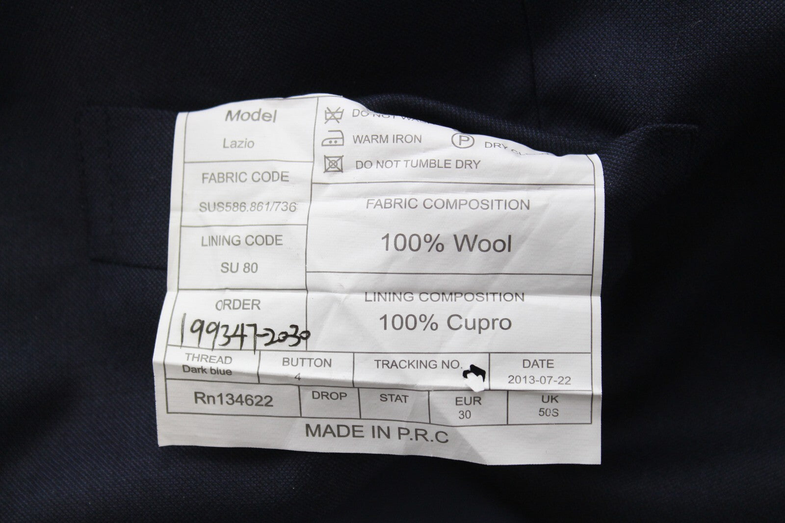 SUITSUPPLY Lazio UK50S Navy Wool 2Pc Waistcoat & Pants Suit Set for Men`S Button