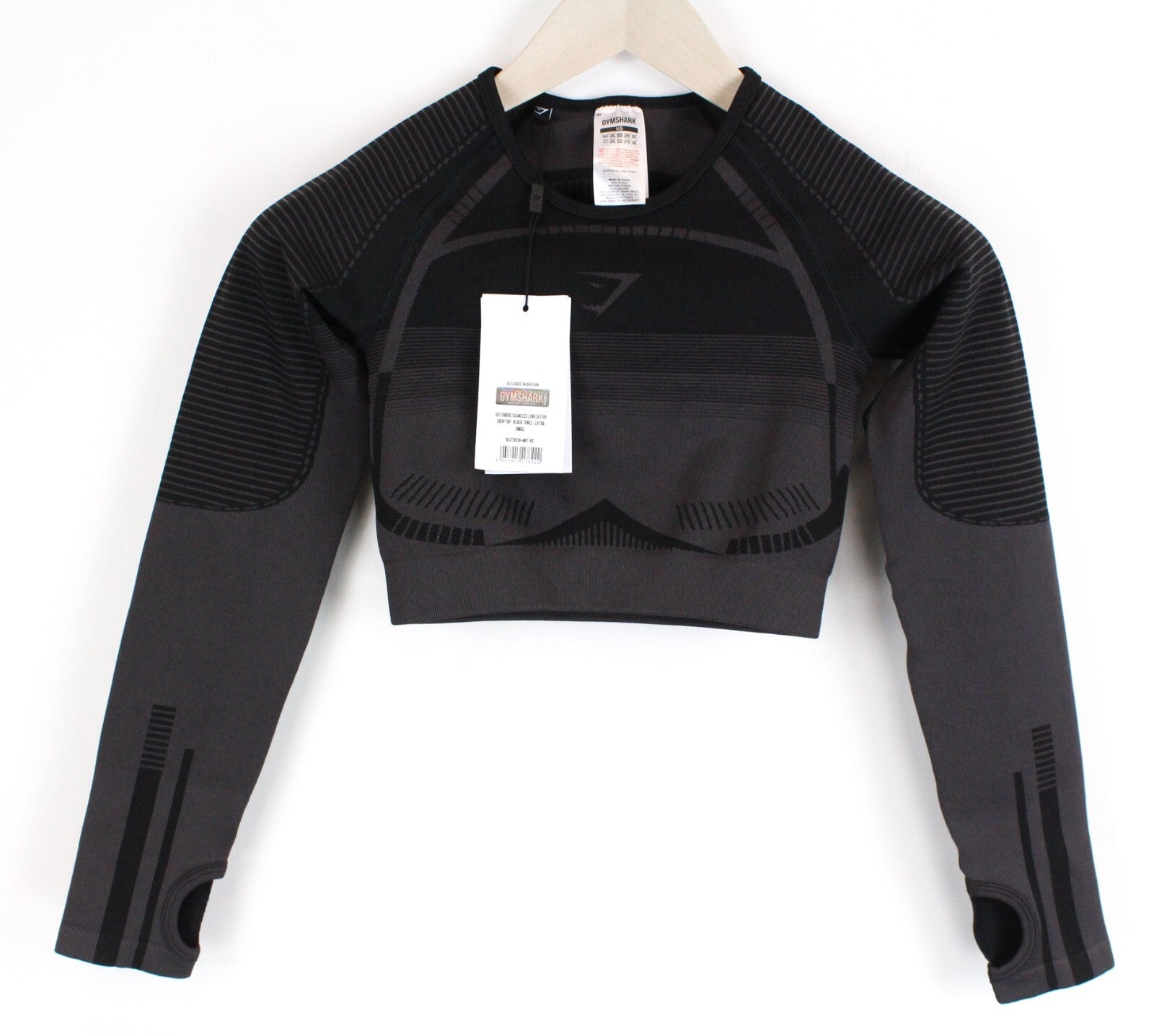 GYMSHARK Geo Women T-Shirt XS Black Long Sleeve Cropped Stretch Activewear