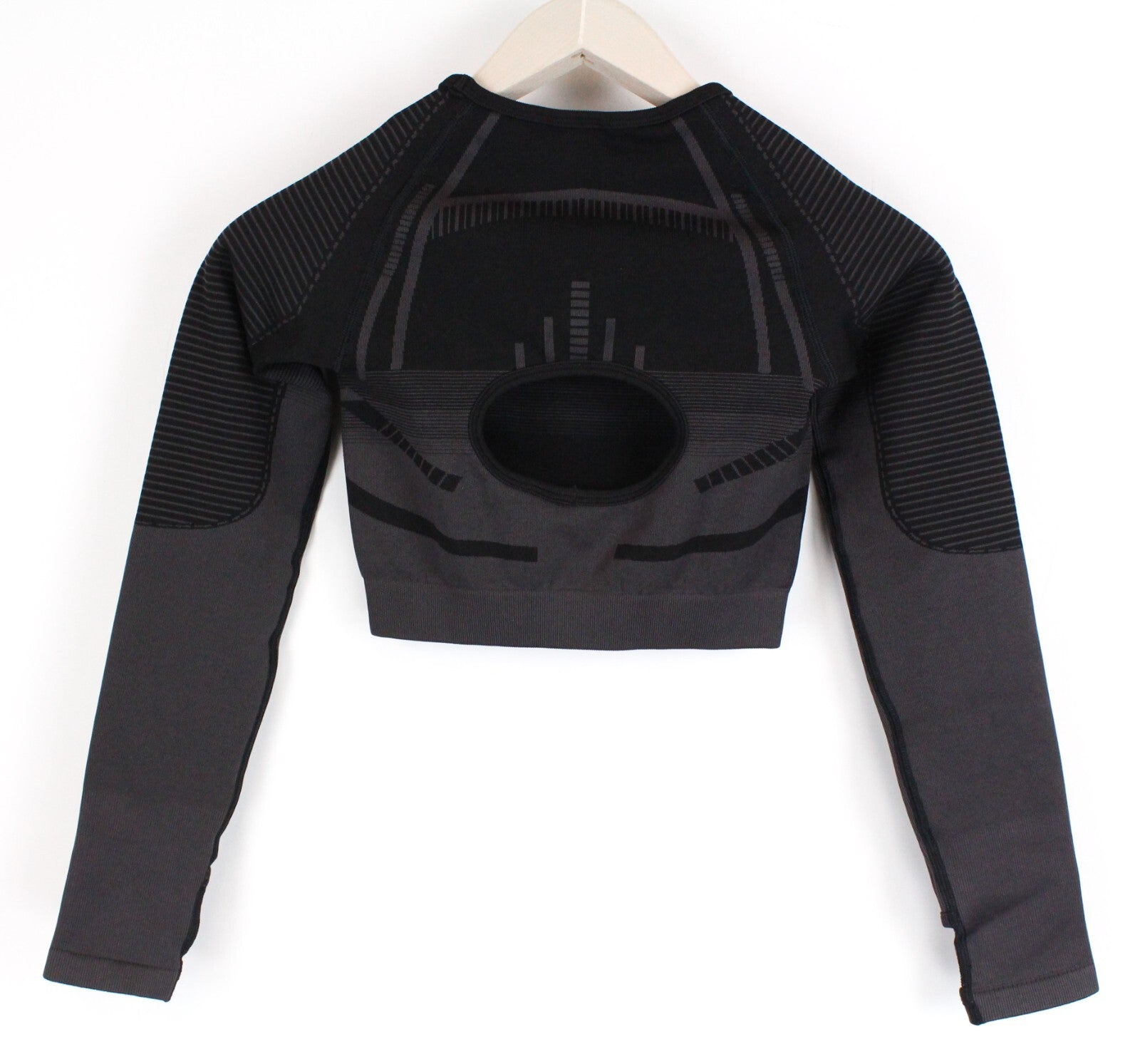 GYMSHARK Geo Women T-Shirt XS Black Long Sleeve Cropped Stretch Activewear