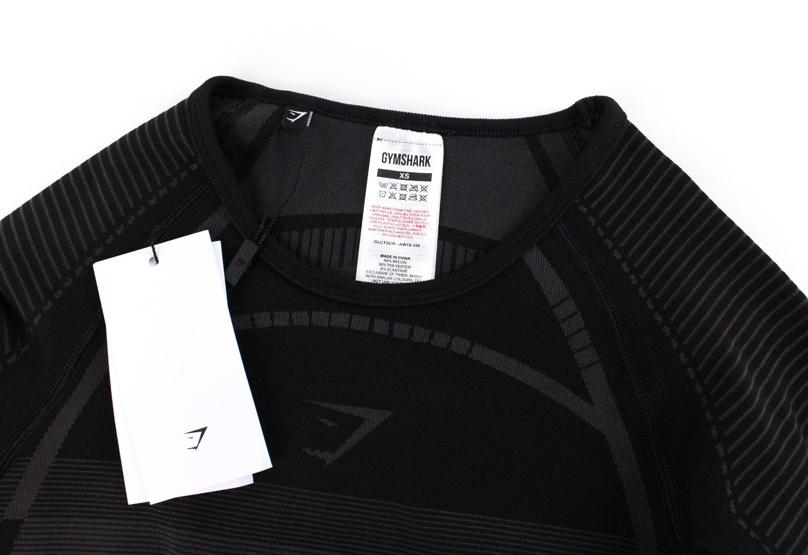 GYMSHARK Geo Women T-Shirt XS Black Long Sleeve Cropped Stretch Activewear