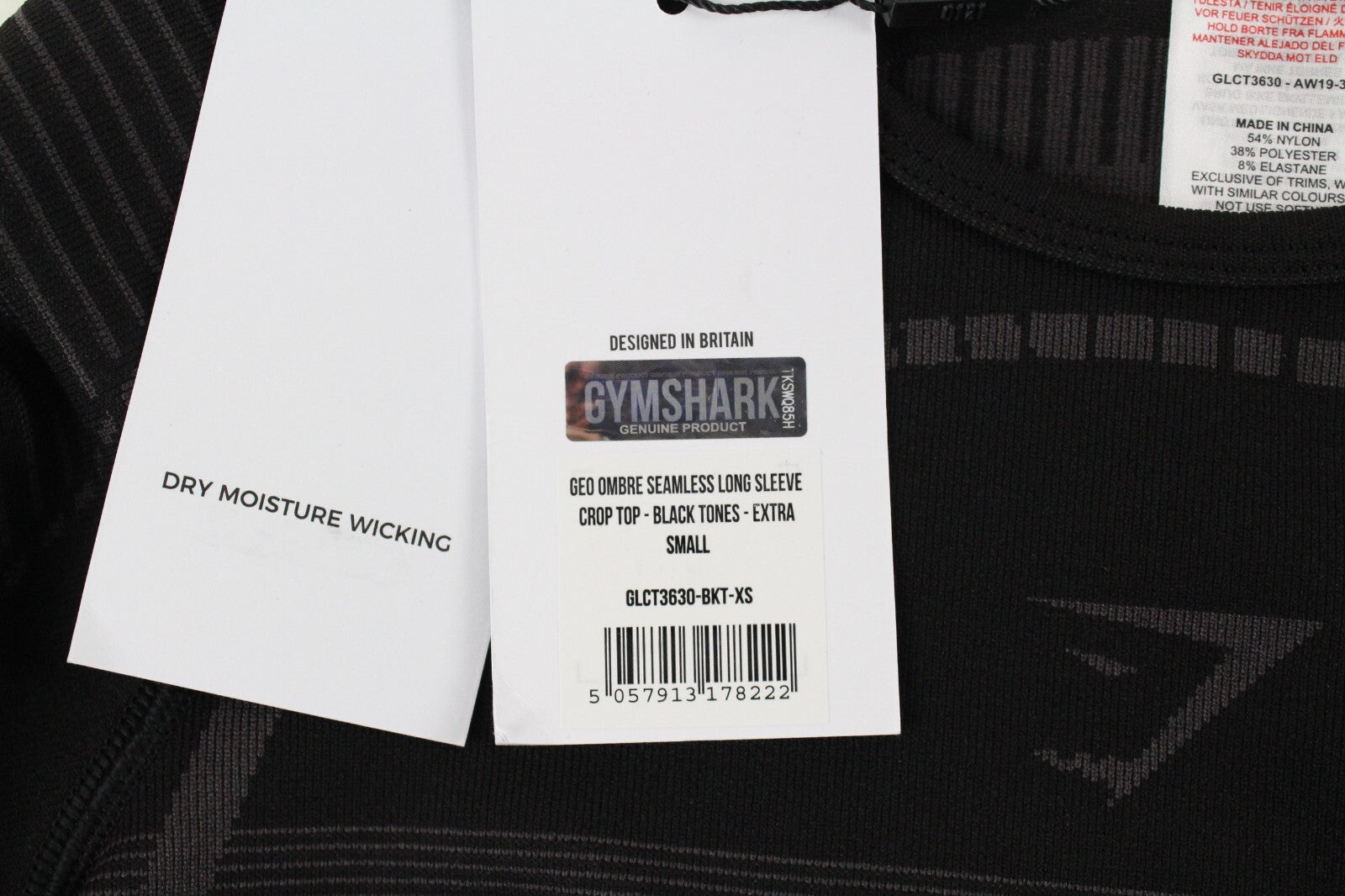 GYMSHARK Geo Women T-Shirt XS Black Long Sleeve Cropped Stretch Activewear