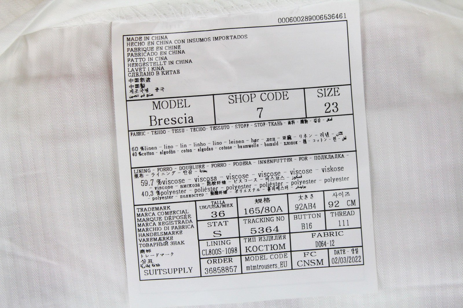 SUITSUPPLY Brescia Men Trousers UK36S White & Pink Linen Blend Tapered Fit Zip