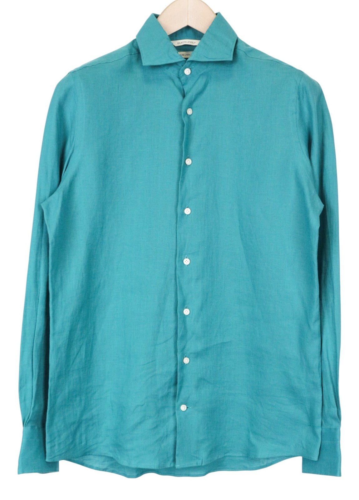 SUITSUPPLY Men's Formal Shirt 37/38/14.5/15 Slim Aqua Blue Linen Button