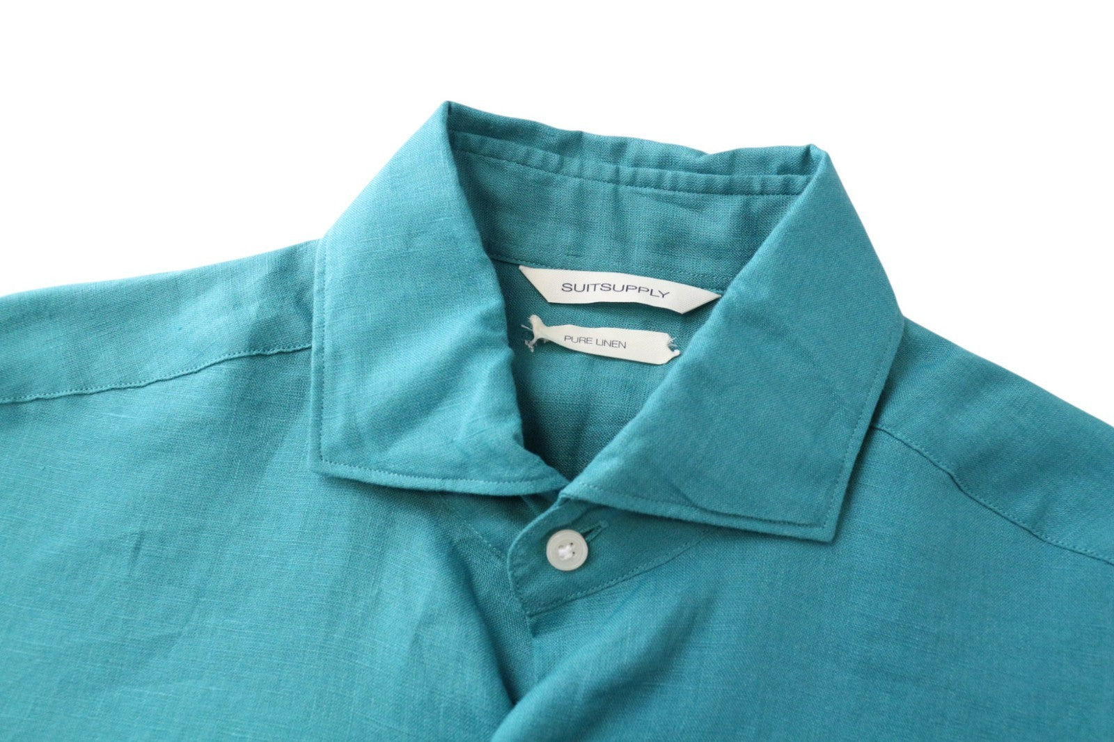 SUITSUPPLY Men's Formal Shirt 37/38/14.5/15 Slim Aqua Blue Linen Button