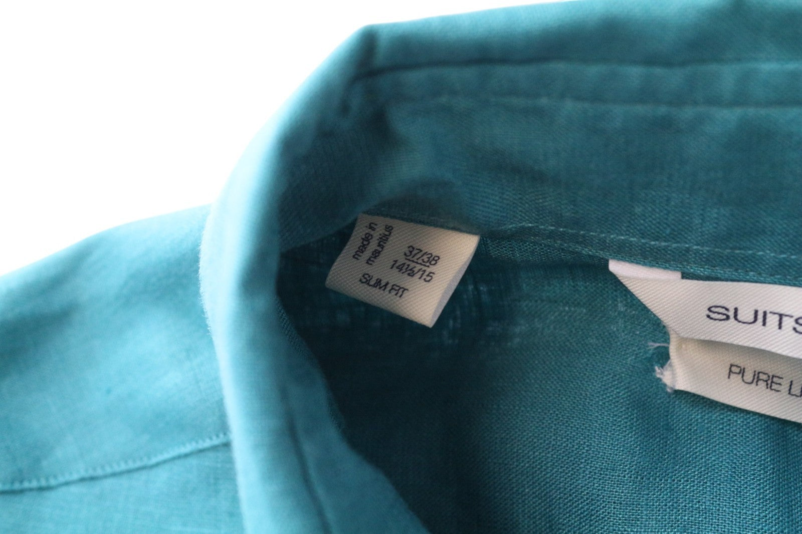 SUITSUPPLY Men's Formal Shirt 37/38/14.5/15 Slim Aqua Blue Linen Button