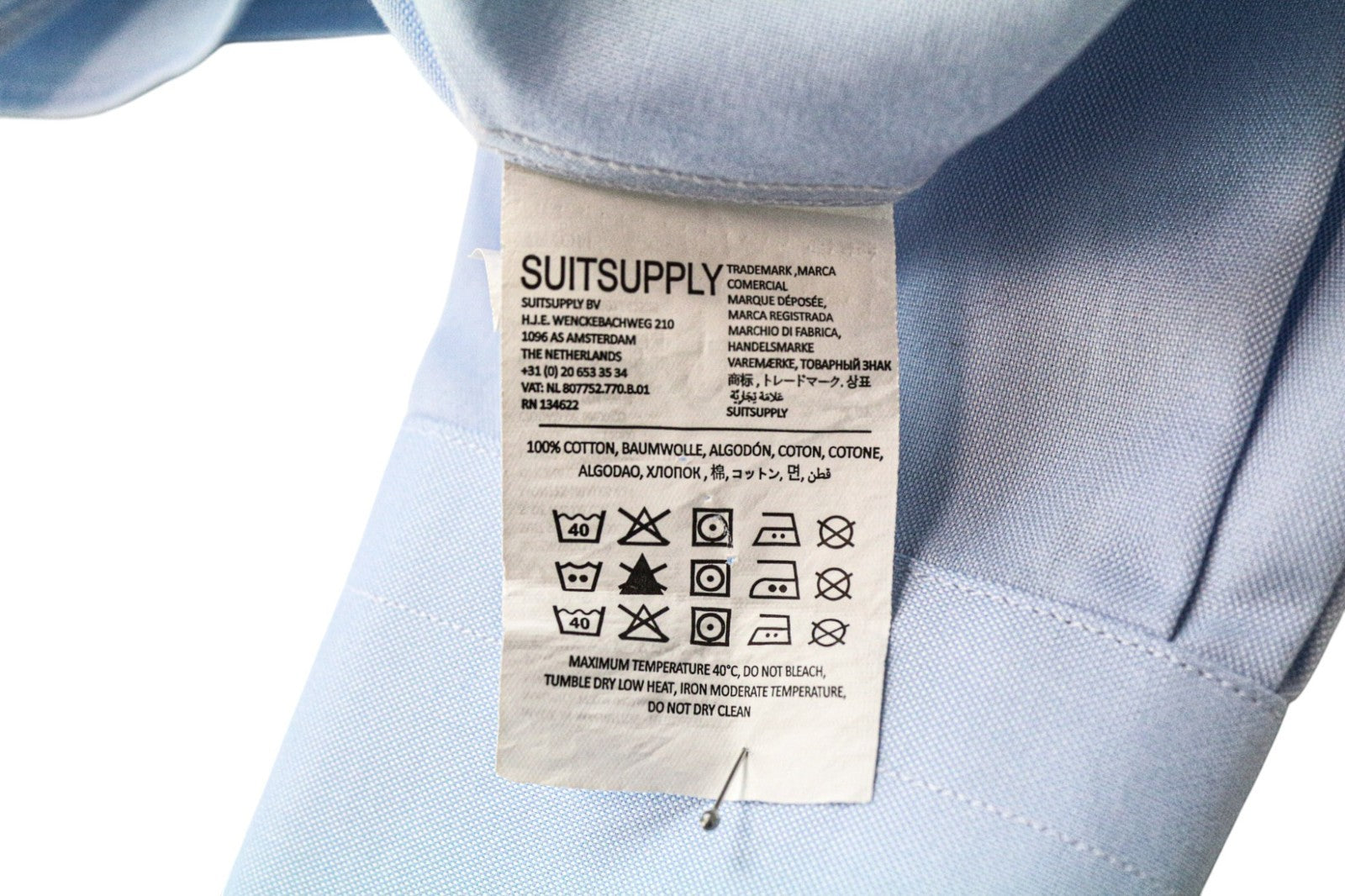 SUITSUPPLY Men's Formal Shirt 38L/15L Slim Blue Cotton Spread Collar Pure Cotton