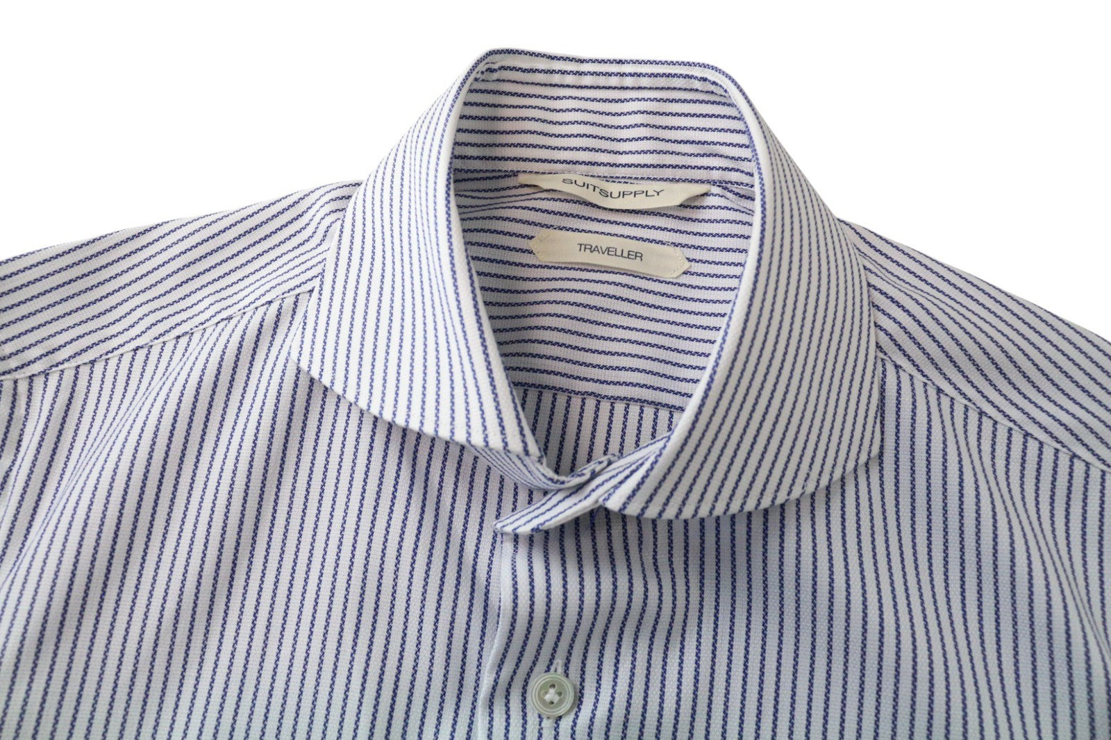 SUITSUPPLY Traveller Men's Formal Shirt 37 Extra Slim White Blue Cotton Striped
