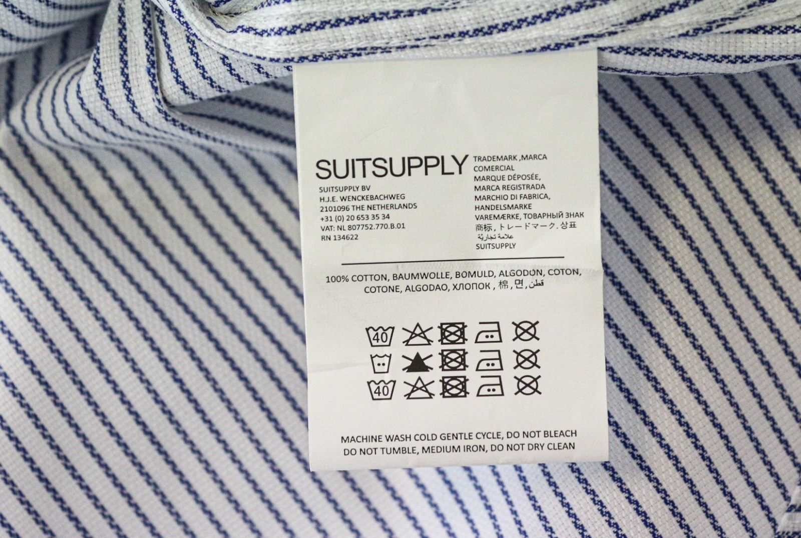 SUITSUPPLY Traveller Men's Formal Shirt 37 Extra Slim White Blue Cotton Striped